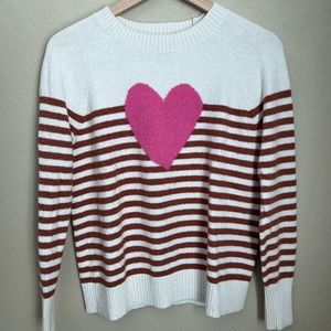 LOFT Heart & Stripe Sweater | pink, tan, cream | size S
